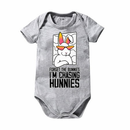 

Boys and Girls Cartoon Bunny I AM CHASINGS HUNNIES Print Short Sleeved Crawl Clothes 0 To 24 Months Kids