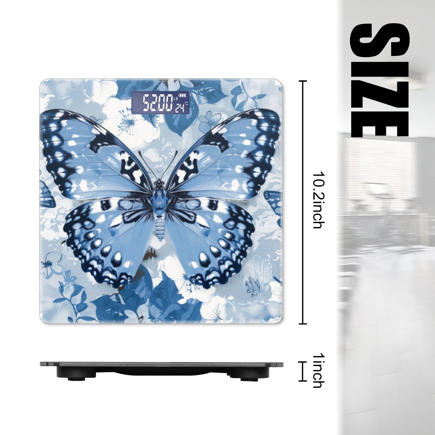 High Precision Body Weight Scale Smart Bathroom Scales with Large LCD Display(400lbs),Decorative for Bedroom-Blue Butterflies And White Flowers