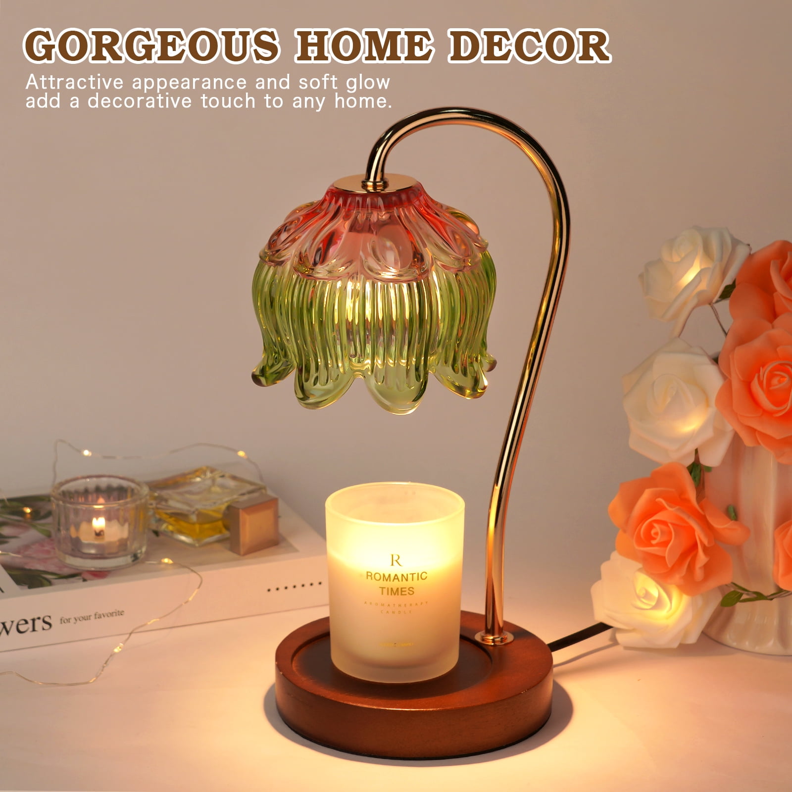 Funistree Candle Warmer Lamp with Timer, Dimmable Flower Wax Warmer Pink & Green, Jar Candle Melter for Women Mom Sister, House Warming Birthday Home Decor Gift