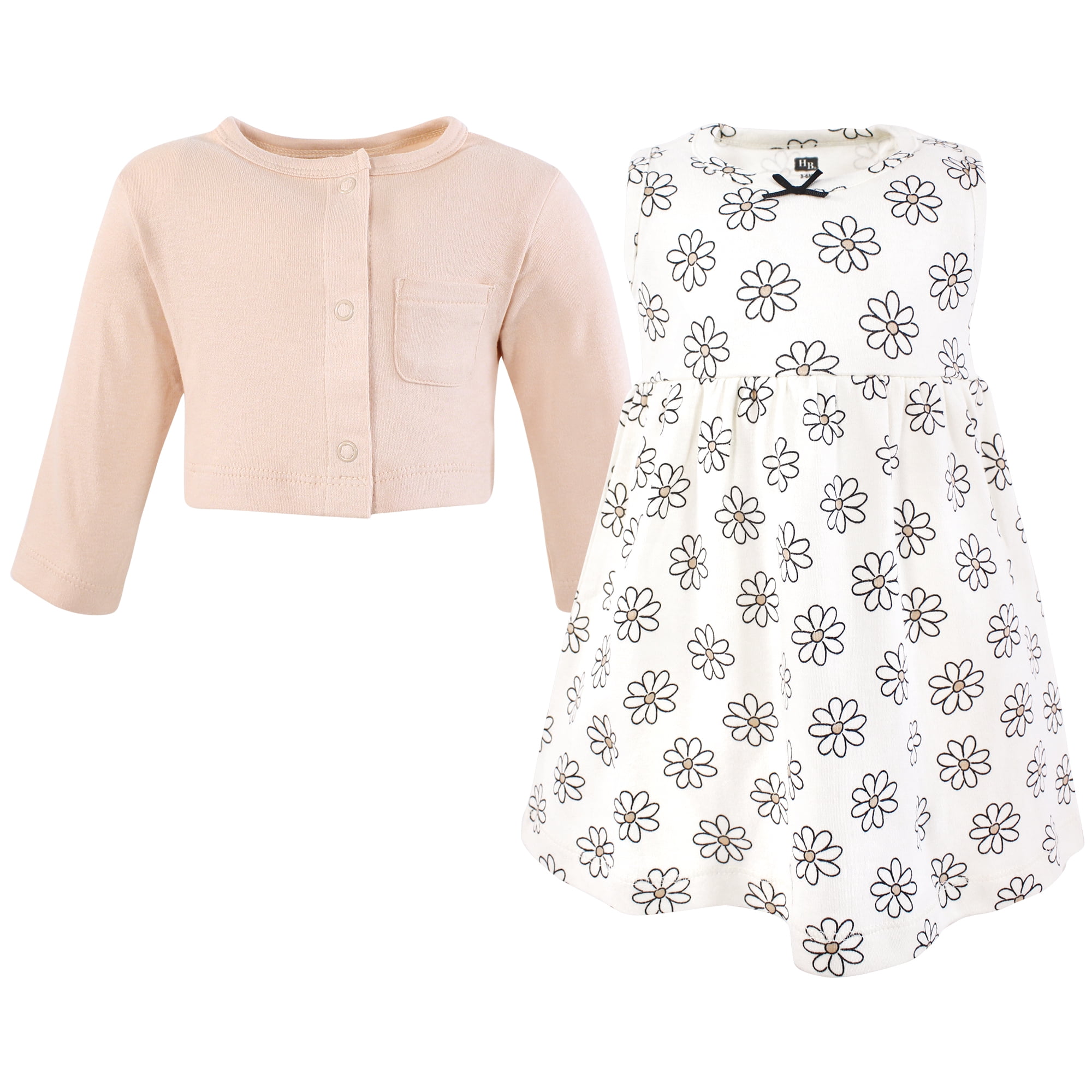 Hudson Baby Infant and Toddler Girls Cotton Dress and Cardigan Set, Neutral Daisy, 5T