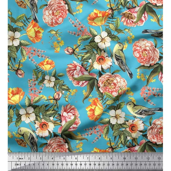 Soimoi Blue Cotton Poplin Fabric Leaves,Bird & Peach Floral Printed Craft Fabric by The Yard 56 Inch Wide