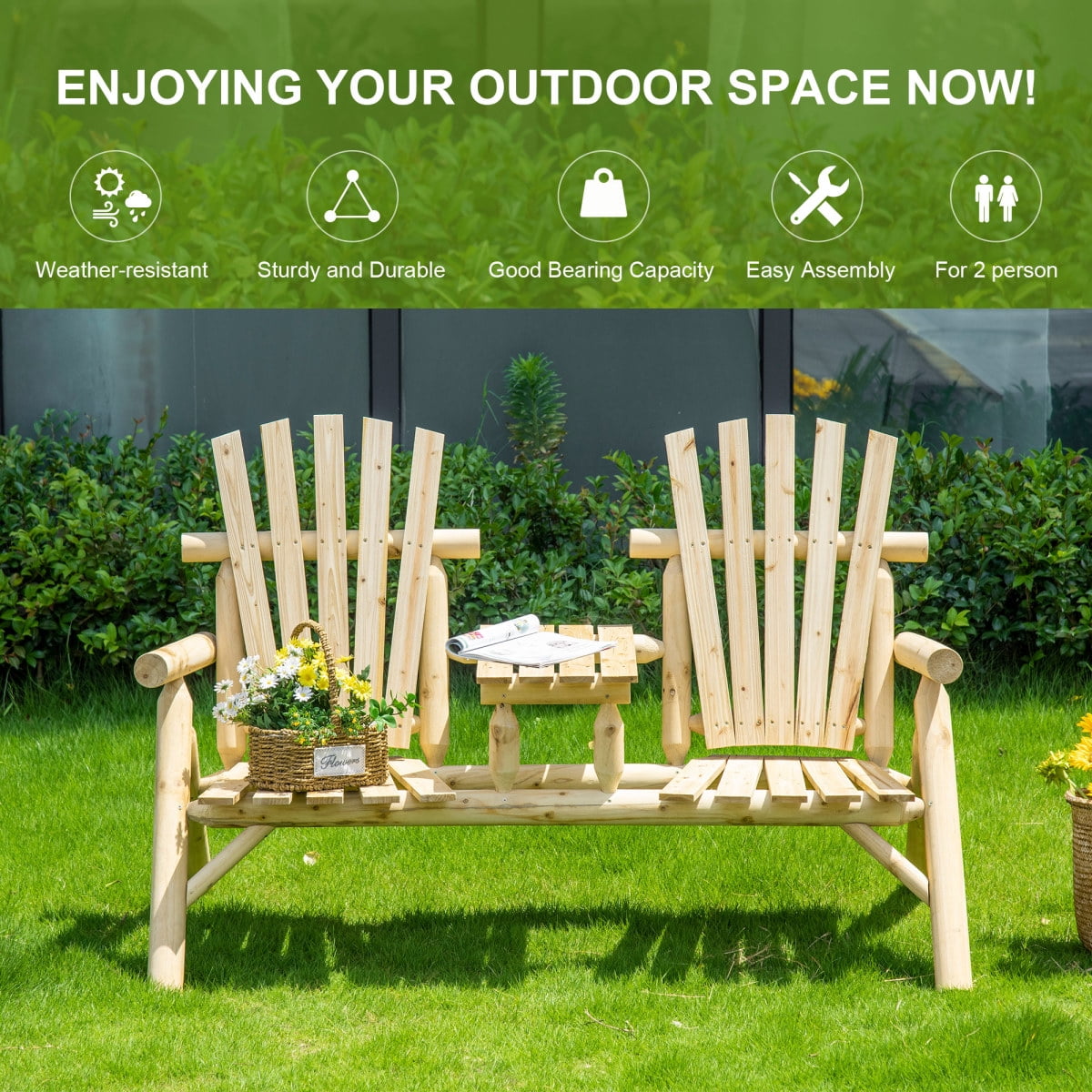 Newboti Furniture 2-Seat Wooden Adirondack Chair, Patio Bench with Table, Outdoor Loveseat Fire Pit Chair for Porch, Backyard, Deck, Natural BN.6877