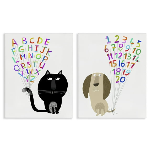 Stupell Industries Cat Dog Alphabet Numbers Education Painting Wrapped Canvas Art Print Wall Art, 16 x 20, Set of 2