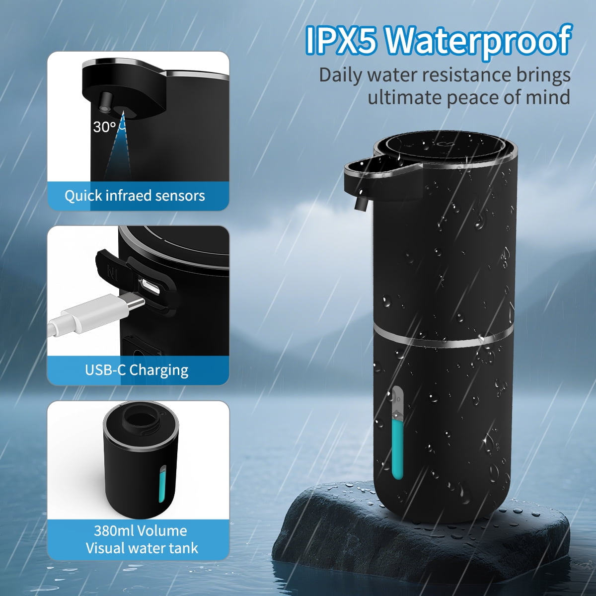 FEELSO Automatic Soap Dispenser, Touchless Foaming USB-C Rechargeable, 4-Level Adjustable, Wall Mount or Countertop, Black