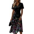 thumbnail image 2 of Minjewel Ladies Floral Casual Fashionable Short Sleeve V-Neck Dress for Spring Summer Women's Daily Casual Wear,Black,L, 2 of 6