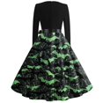 thumbnail image 3 of Vestido vintage de Halloween para mujer, vestido con estampado de murciélago, manga larga y cinturón, 3 of 3