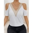 thumbnail image 6 of ClodeEU Women's V Neck Cold Shoulder Short Sleeve Top with Contrast Trim, Casual Solid Color Blouse White,Women's Plus XXL, 6 of 7
