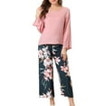 thumbnail image 2 of INSPIRE CHIC Women's 2 Pcs Long Sleeve Top with Floral Capri Pants Lounge Set Sleepwear Pajama Sets XS Pink Black, 2 of 5