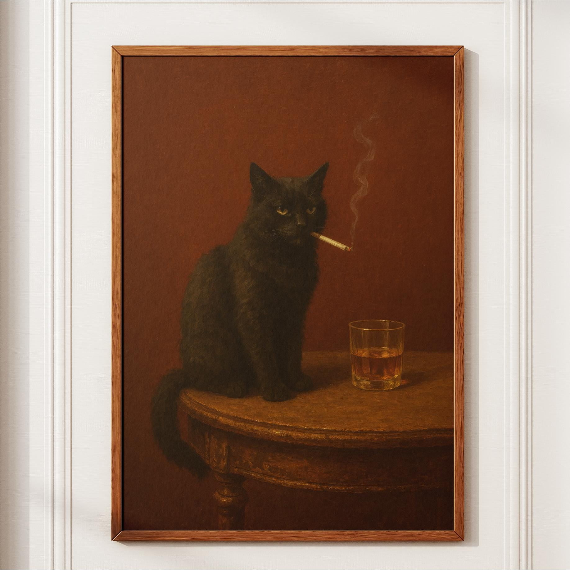 LAVIE Black Cat Smoking Cigarette Print Vintage Funny Bar Wall Art Dark Academia Cat Whiskey Poster Moody Oil Painting Cat Lover Gift No Frame