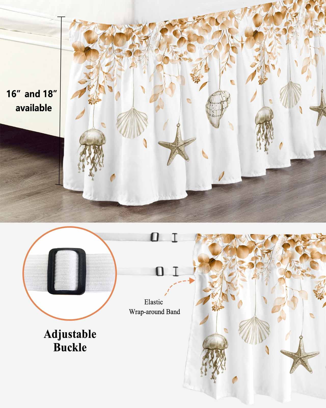 Orange Coastal Wrap Around Bed Skirts for California King Bed 16" Drop,Bed Skirt with Adjustable Elastic Belt Dust Ruffle Bed Valance Summer Eucalyptus Leaves Beach Ocean Starfish Bed Frame Cover