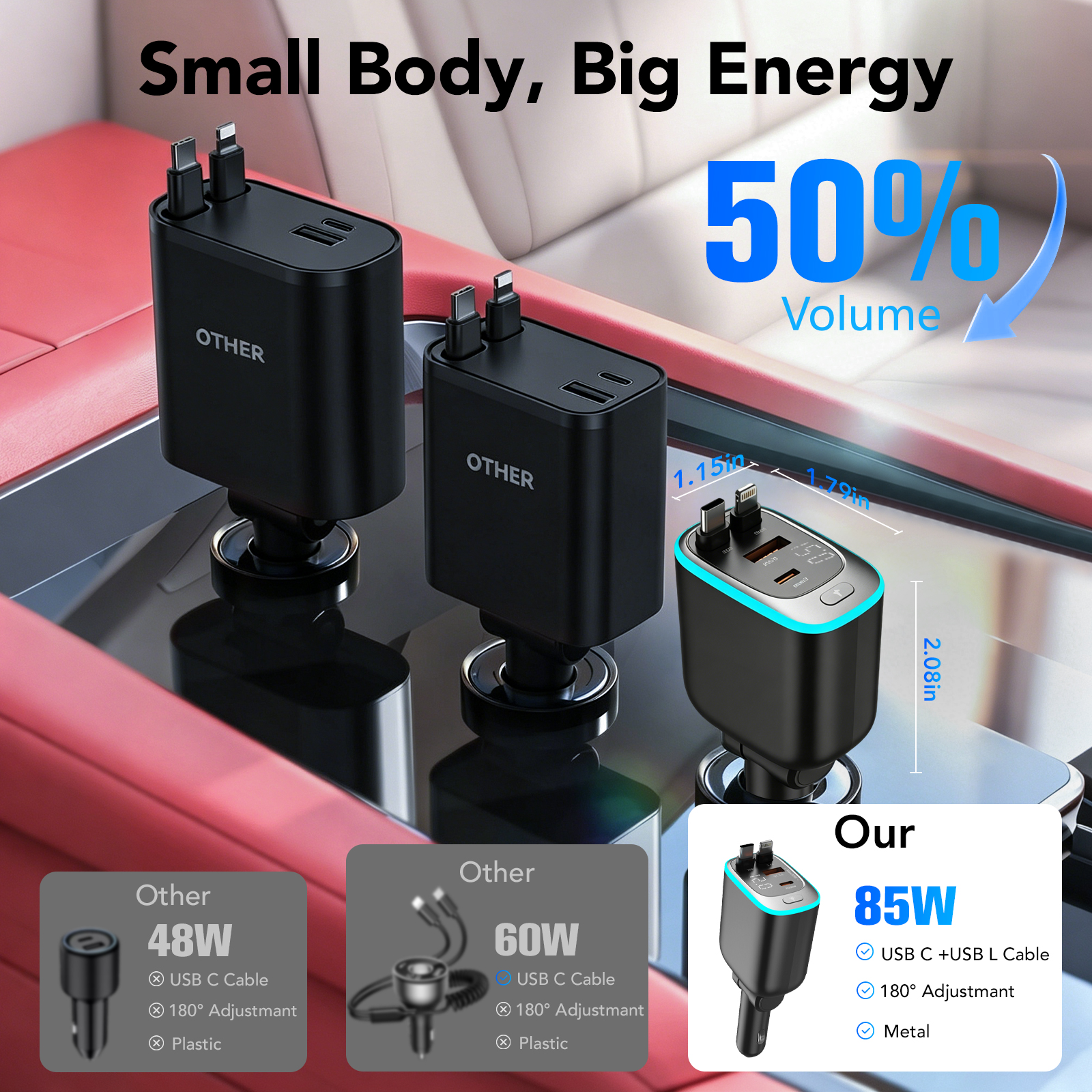 KT1 85W Retractable Car Charger with USB-C and Lightning Cables photo 7