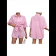 thumbnail image 3 of Conjunto de 2 Piezas para Mujer: Camiseta de Rayas de Corta de Verano y Mini Shorts Holgados de Cintura Alta. Rosa XL, 3 of 7