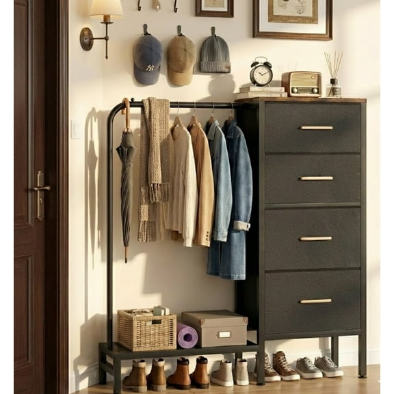 Dresser with Hanging Rack & 4 Drawers 44-inch, Lightweight Movable Closet for Bedroom,living room,Black