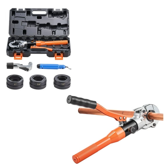 KFFKFF Hydraulic Copper Pipe Crimping Tool with 1/2", 3/4", 1" Jaws, Designed for Tight Spaces and Tee Fittings, Includes Pipe Cutter and Portable Case