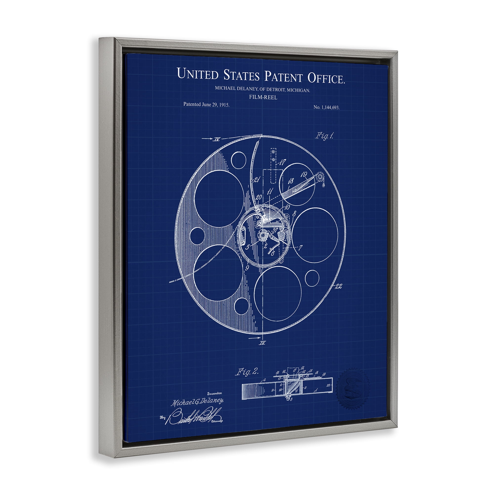 Stupell Industries Film Reel Blueprint Typography Painting Gray Floater Framed Art Print Wall Art, 25 x 31
