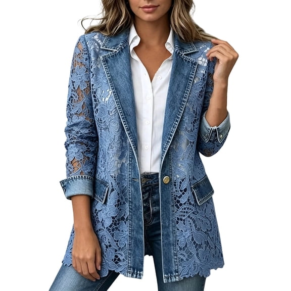 Jean Jacket for Women Lace Hollow Lapel Casual Dressy Denim Jacket Coat