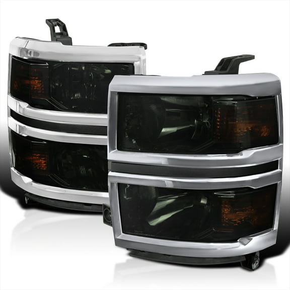 Spec-D Tuning Smoke Headlights with Chrome Trim Compatible with 2014-2015 Chevy Silverado 1500 Left  Right Pair Head Lights Lamp Assembly