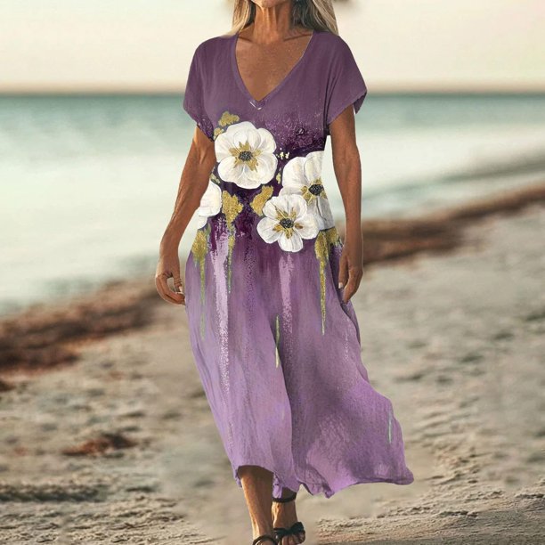 Vestido Informal Con Cuello En V y Estampado Floral Para Mujer, Manga Corta, Verano, Cómodo, Ligero, Transpirable, Corte Holgado, Elegante, Para Uso Diario.