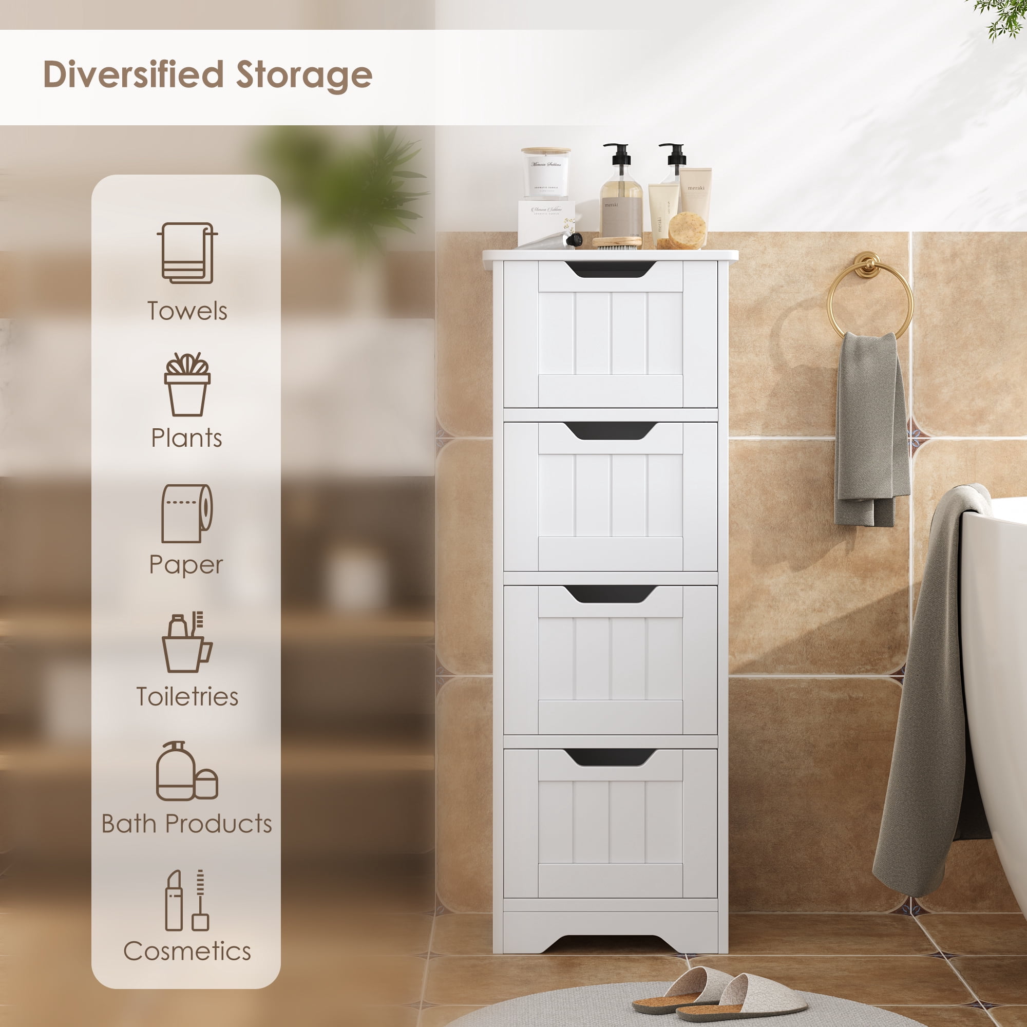 Homfa Bathroom Storage Cabinet, Free Standing Narrow Cabinet with 4 Drawers Entryway Storage Organizer for Living Room Bedroom, White