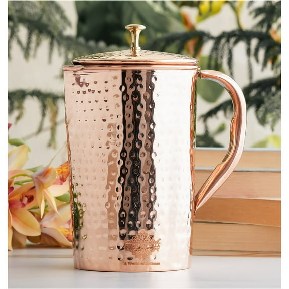 Indian Art Villa Copper Water Jug - Hammered Design, 34 oz, Elegant Drinkware