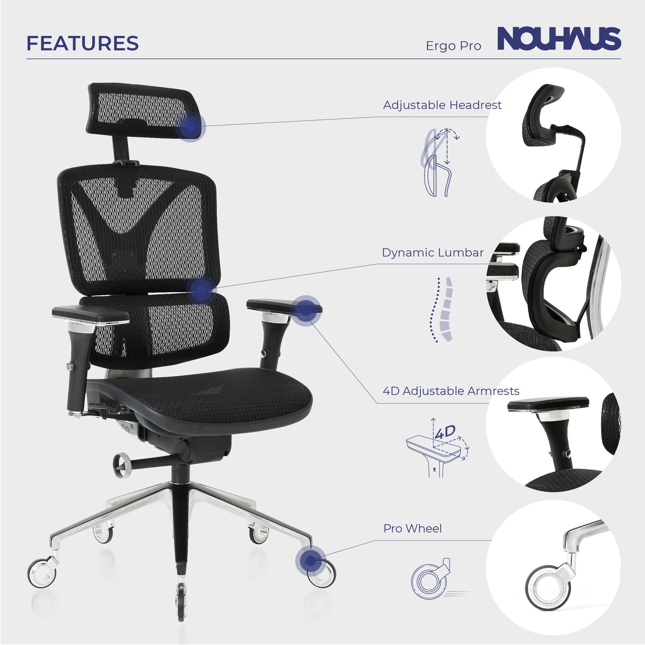 NOUHAUS ErgoPRO Mesh Ergonomic Swivel Office Chair with Adjustable Armrests, Lumbar Support, Headrest for Home Office, Black
