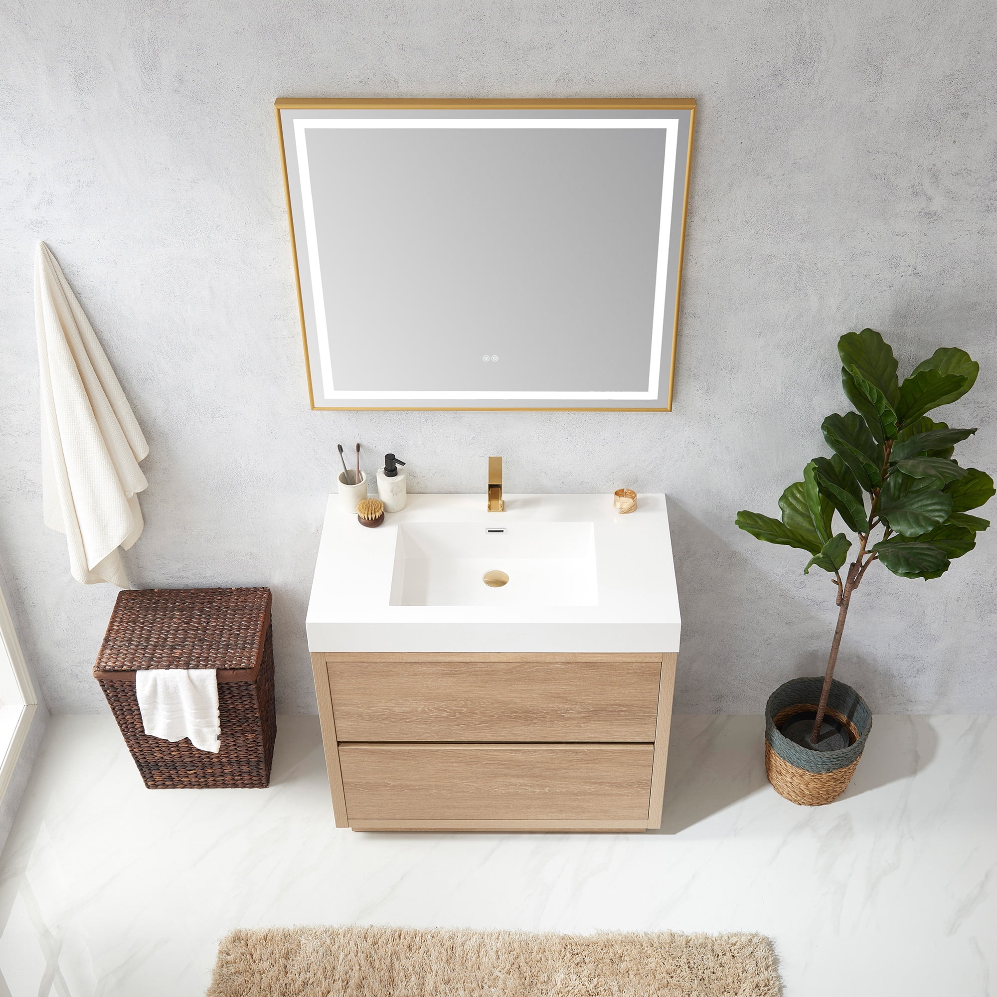 Huesca 36" Single Sink Bathroom Vanity Natural Oak Wood White Top With Mirror
