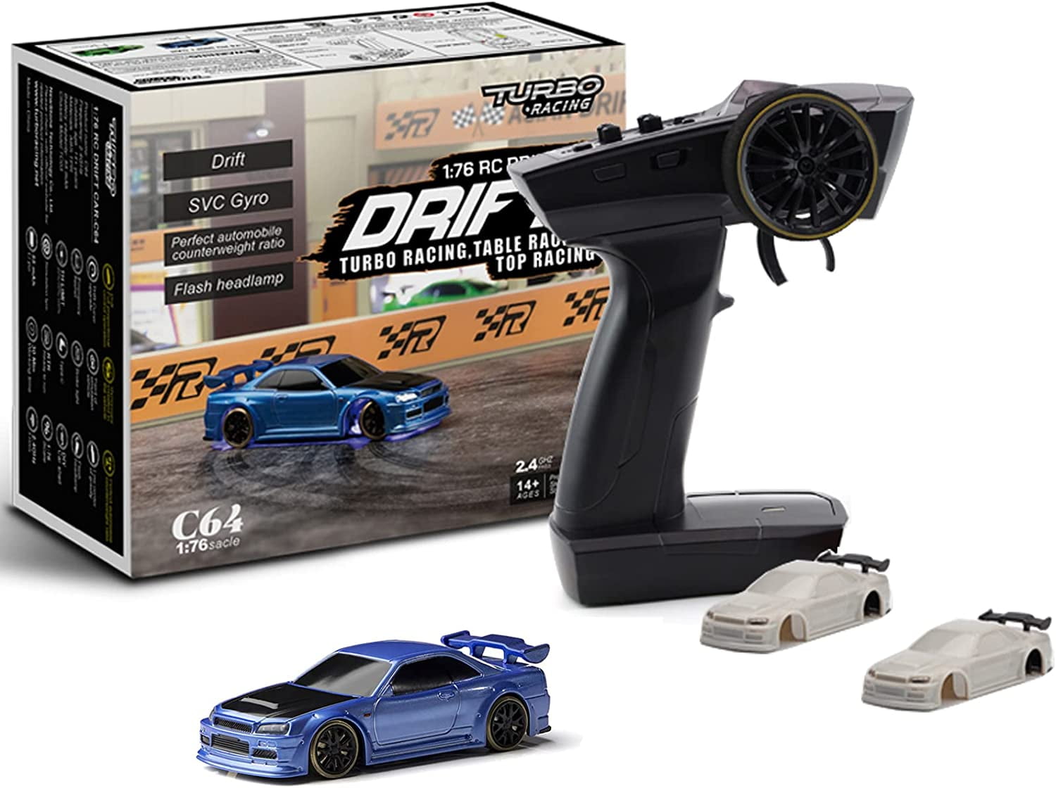 Turbo Racing 1:76 Scale Drift RC Car with Gyro Mini Full Proportional RTR  2.4GHZ Remote Control with 2 Replaceable Body Shell (C64-BLUE) 