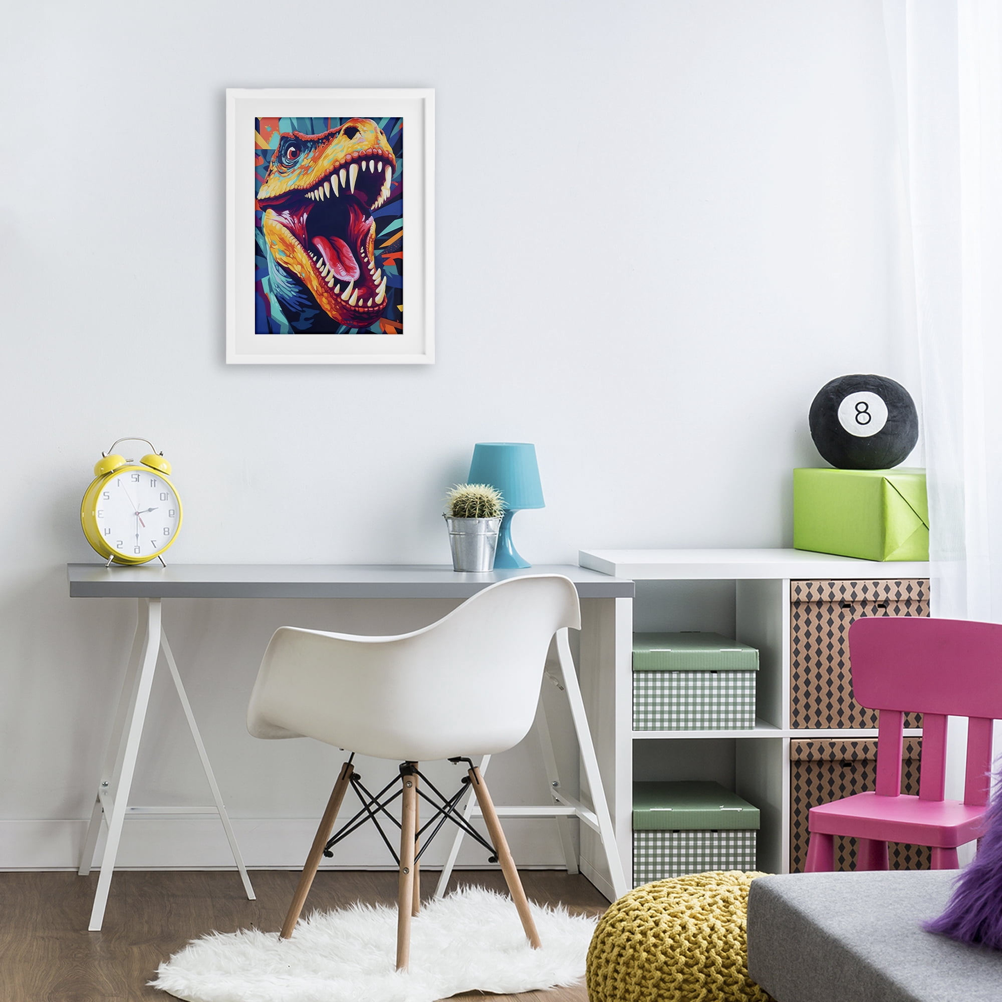 Stupell Industries Pop Style Raptor Dino White Framed Print Under Glass, design by Creative Studio