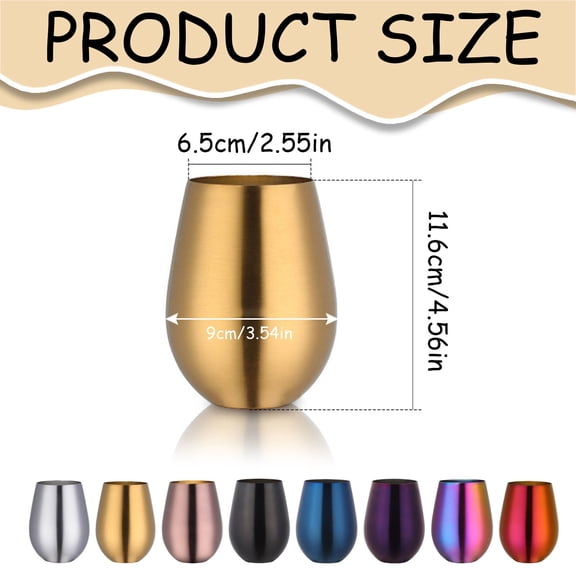 Stainless Steel Stemless Wine Glass Cup - Insulated Drinking Cup for Wine Cocktails - Double Wall Metal Tumbler for Outdoor - 1 Cup - Gold