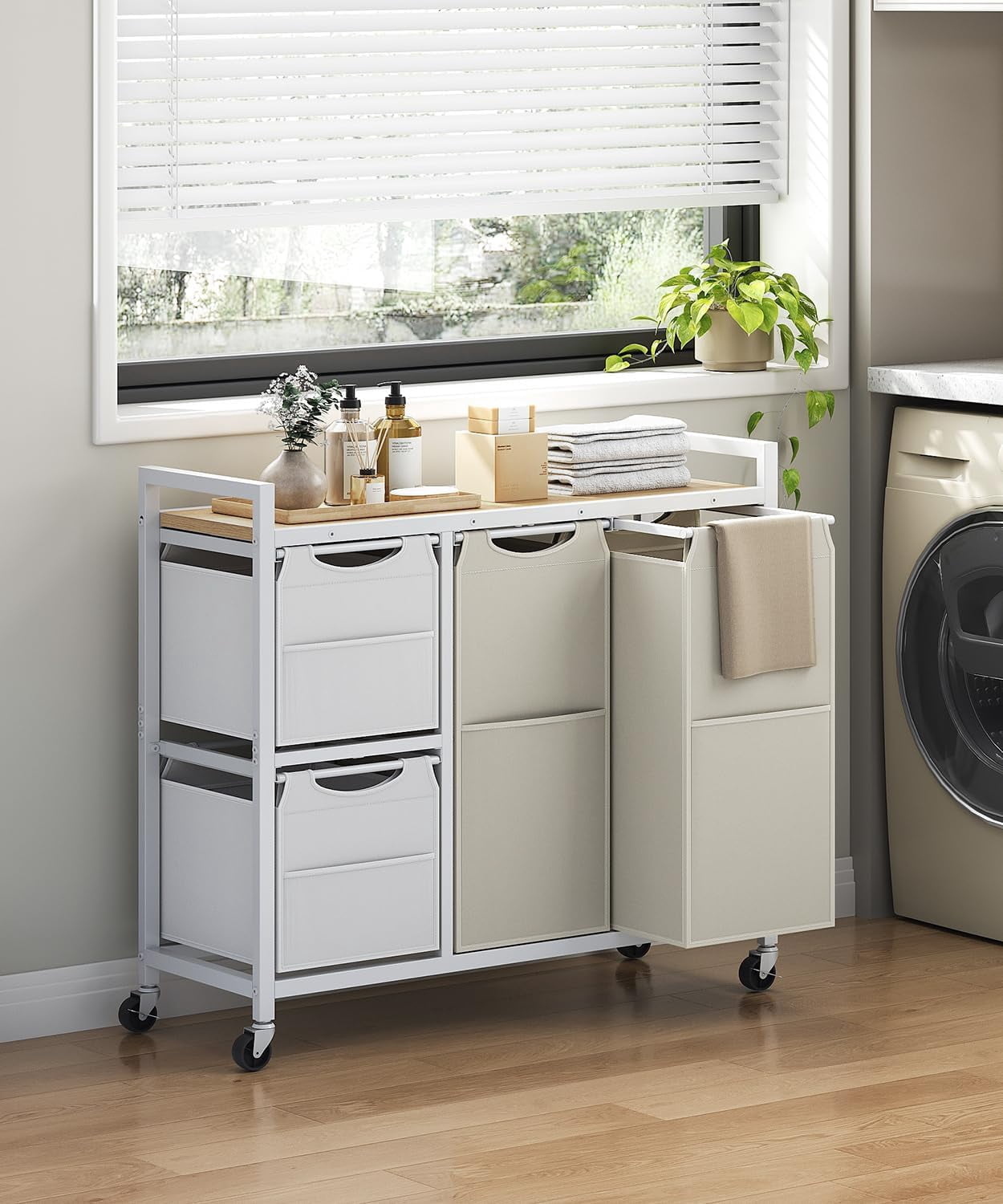 Laundry Sorter with 4 Section, 39 Gal. (147 L) Laundry Hamper with Wheels, Rolling Laundry Basket with Shelves, Pull-Out Detachable Bags, Side Pockets