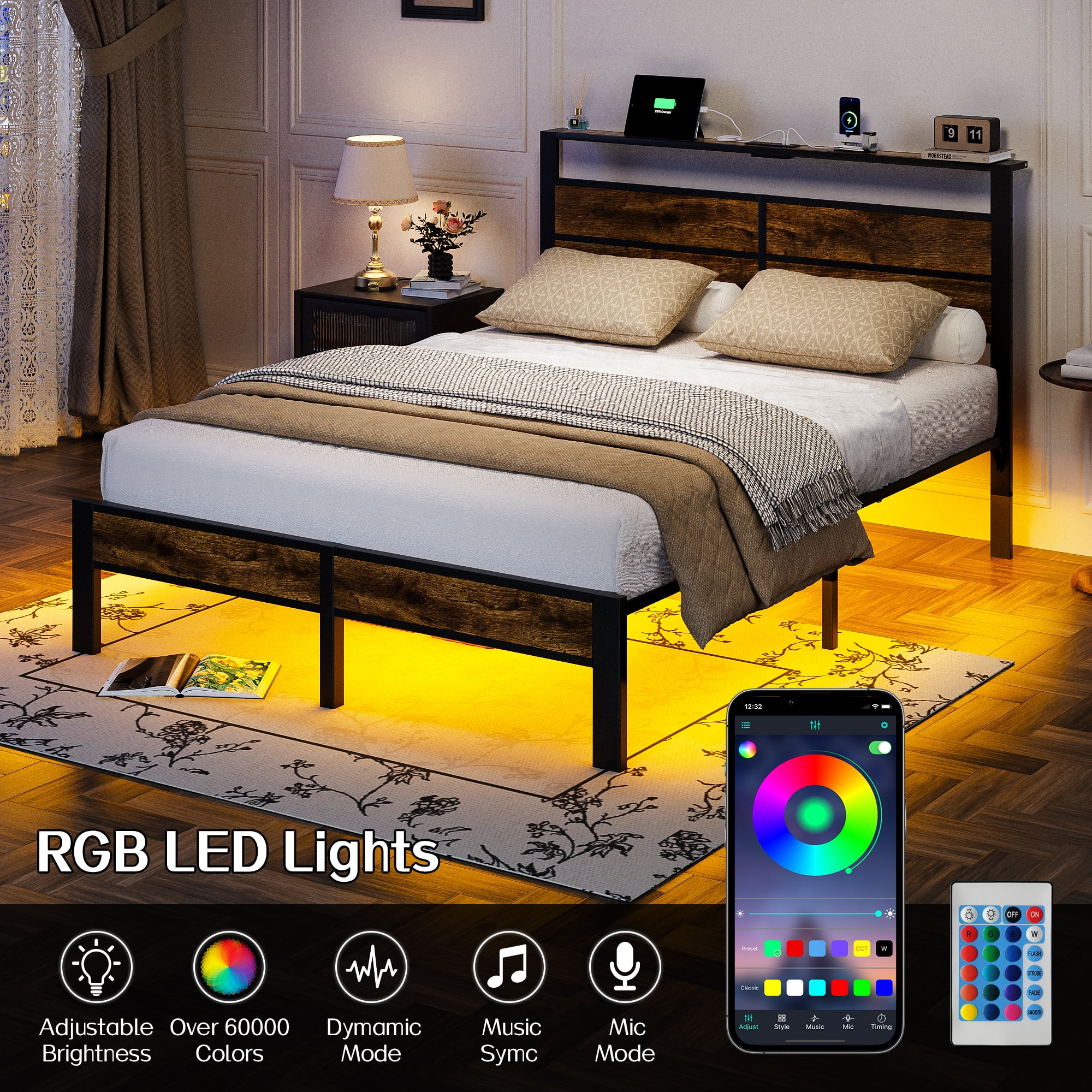 Kbun Queen Size Bed Frame with Headboard, LED Lights & Charging Station, No Box Spring Needed, Noise-Free, Easy Assembly