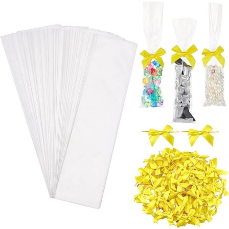 1 Bag 120pcs OPP Treat Bags Long Cellophane BagsTreat Bags Clear Storage Bags with 120pcs Golden Bowknots forWedding Party Gift Wrapping Cookie Candy Beads 9.8”x2.3”