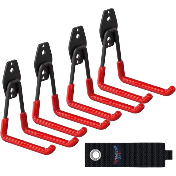 shiyou-Garage Storagel Hooks 4 Pack,Large Garage Hooks Heavy Duty 5 Inch in U Shape,Garage Hooks for Hanging and Organizing Chairs,Ladders,Tools,Shovels in Garden Garage Shed Basement(Red)