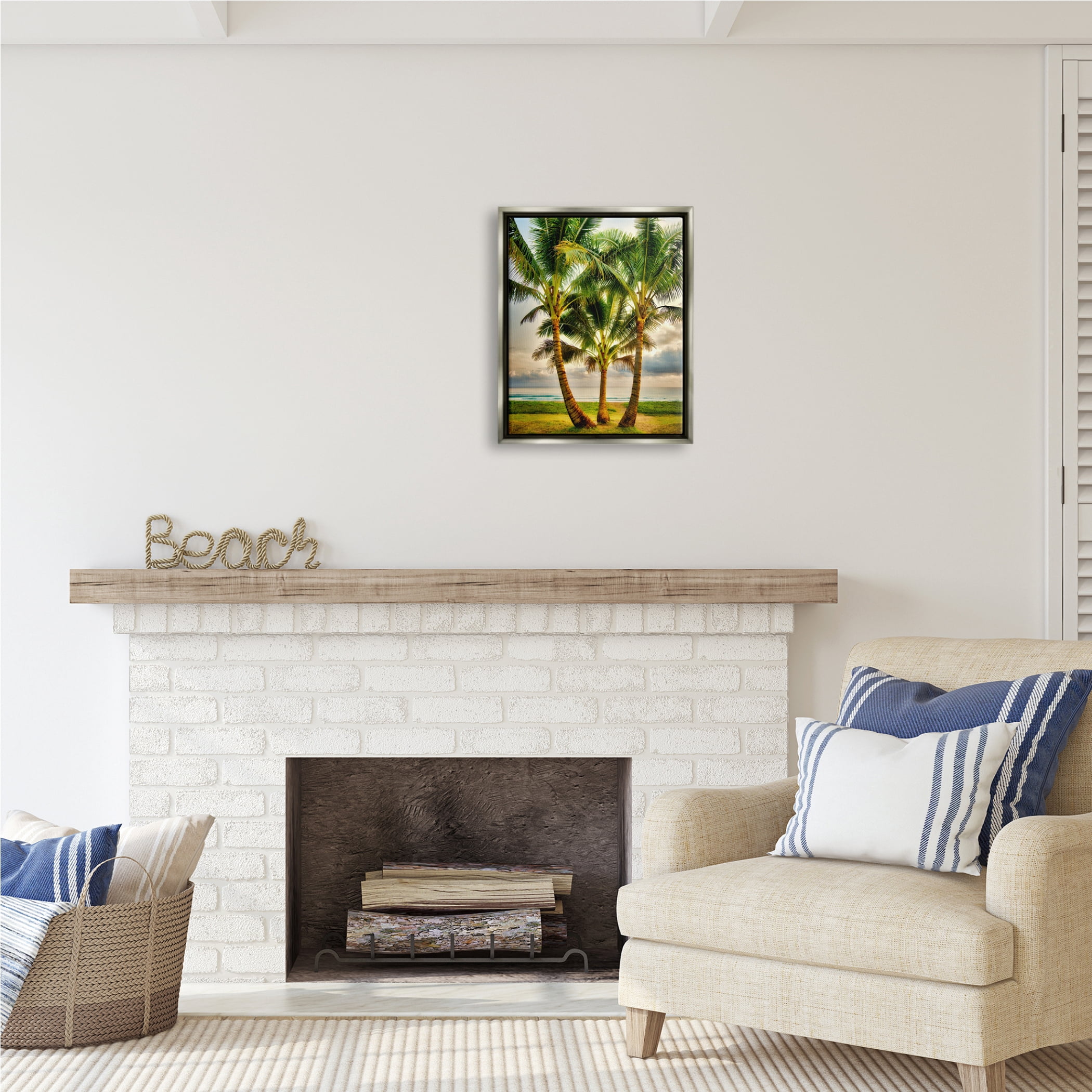 Stupell Industries Three Palm Trees on Beach Nature Painting Gray Floater Framed Art Print Wall Art, 17 x 21