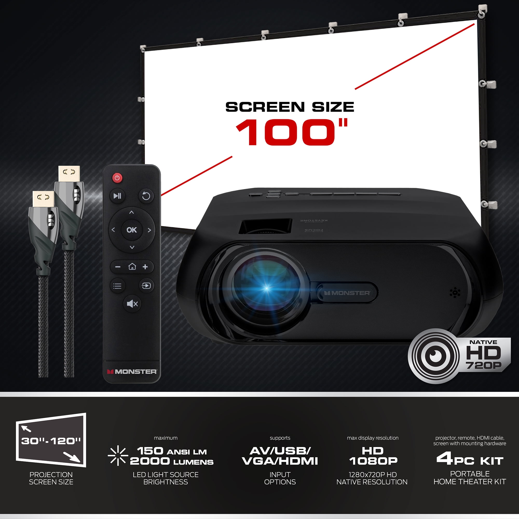 Monster Image Pro 720P HD TFT LCD Projector, 1920x1080 HD Max Resolution, 2000 Lumens, 100" Screen