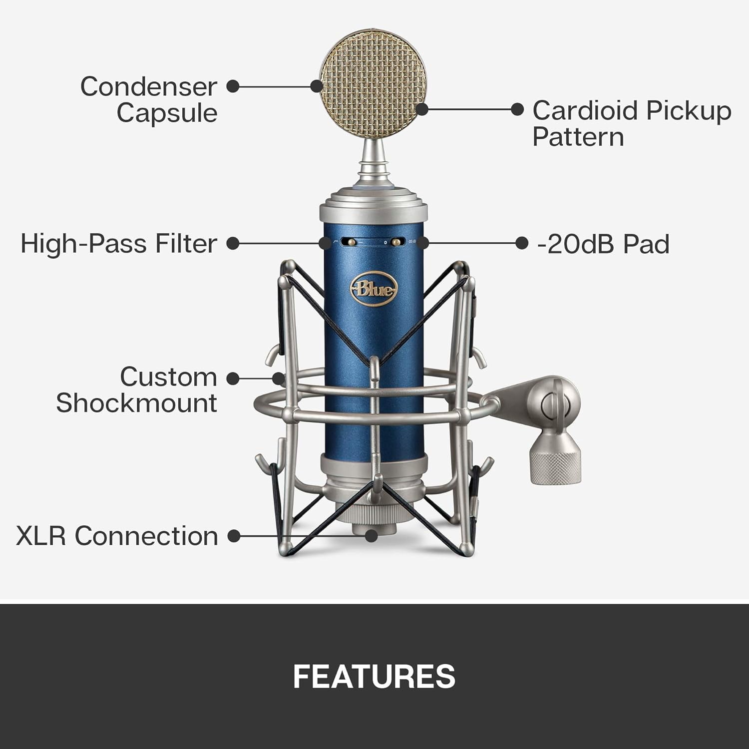 Logitech Blue Bluebird SL XLR Cardioid Condenser Microphone for Pro Recording, Streaming, Podcasting, Gaming, with Shockmount - Blue