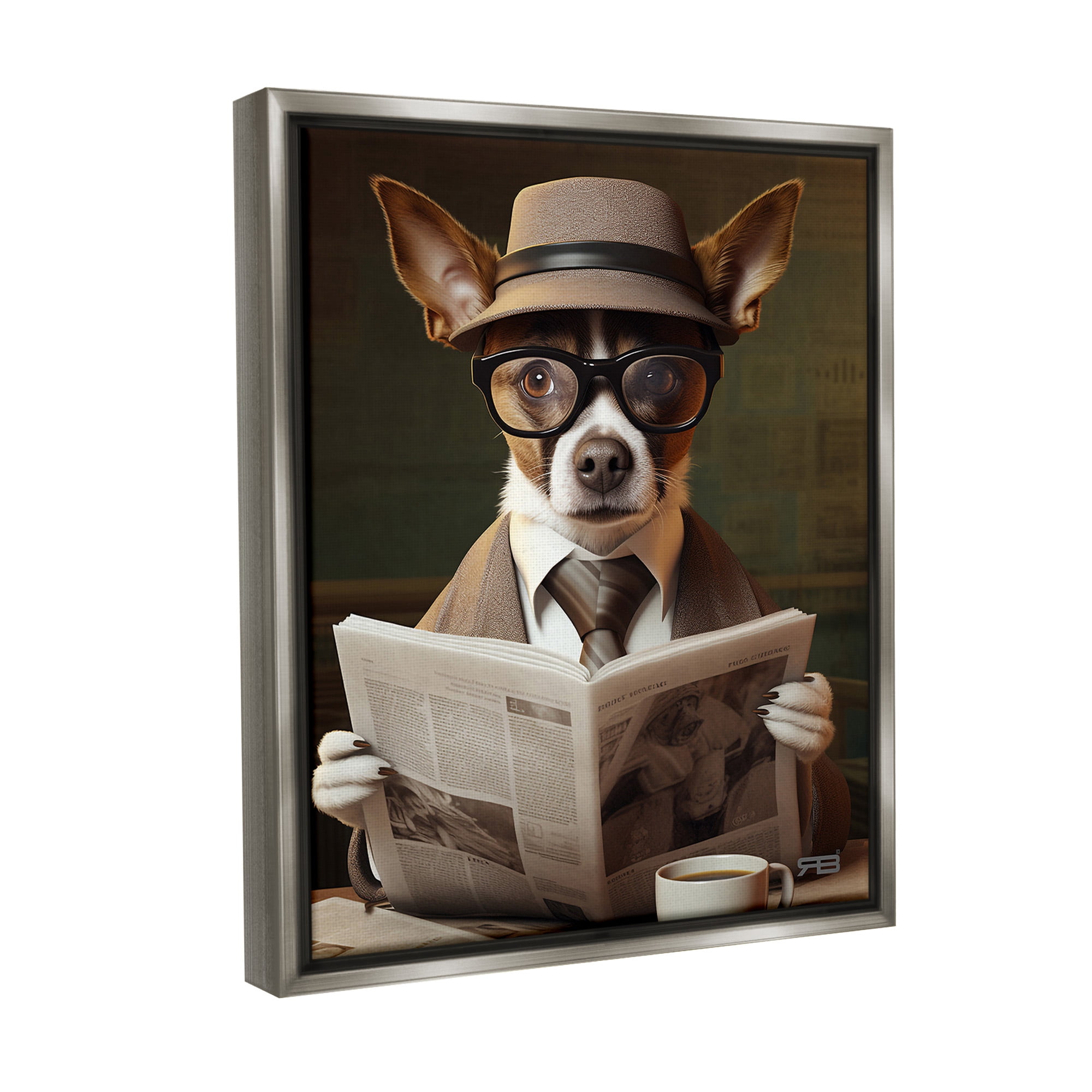 Stupell Industries Classy Dog with Newspaper Animals & Insects Painting Gray Floater Framed Canvas Art Print Wall Art, 25 x 31