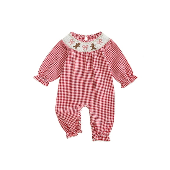 BemeyourBBs Baby Girl Plaid Romper Somcked Round Neck Long Sleeve Bubble Jumpsuit
