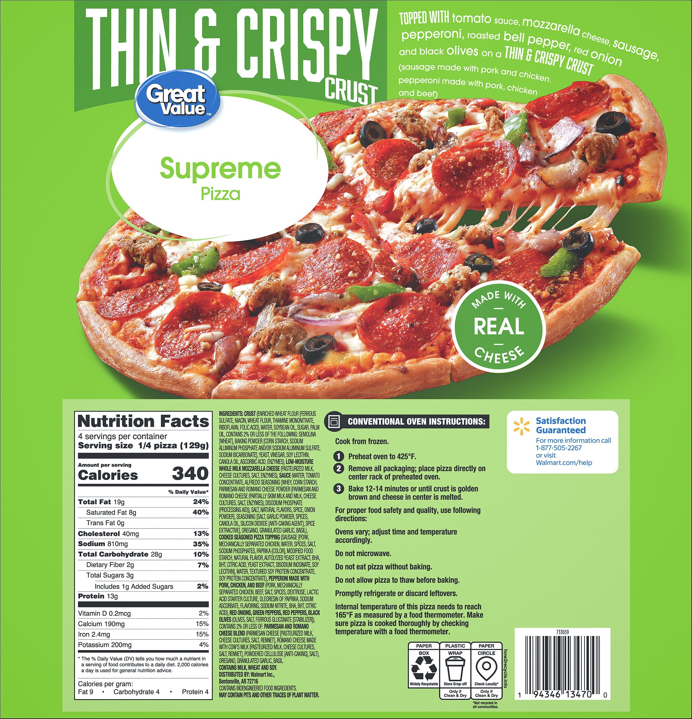 Great Value Thin Crust Supreme Pizza, Tomato Basil Garlic Sauce, 18.25 oz (Frozen)