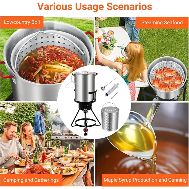 Historyli Freidora de pavo de 30 cuartos,freidora de aluminio para exteriores y vaporera para mariscos con regulador,olla para freír pescado con kit de termómetro inyector y soporte para quemador