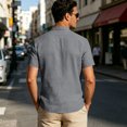 thumbnail image 7 of Men's Linen Shirts Short Sleeve Stand Collar Lace Up T Shirts Casual Lightweight Breathable Relaxed Fit Summer Tees, L, 7 of 7