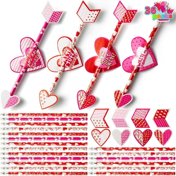 JOYFY 36 Packs Valentines Cards with Cupid's Arrow Pencil for Kids,Pencils Bluk for Goodie Bags Fillers Exchange Gifts School Classroom