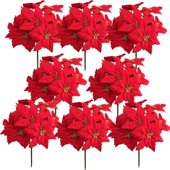 NAMZI 8 Pack 7 Heads Faux Silk Christmas Poinsettia Bouquets, Artificial Bush Arrangements & Tree Ornaments for Xmas Holiday Decor Decor(Golden Red)