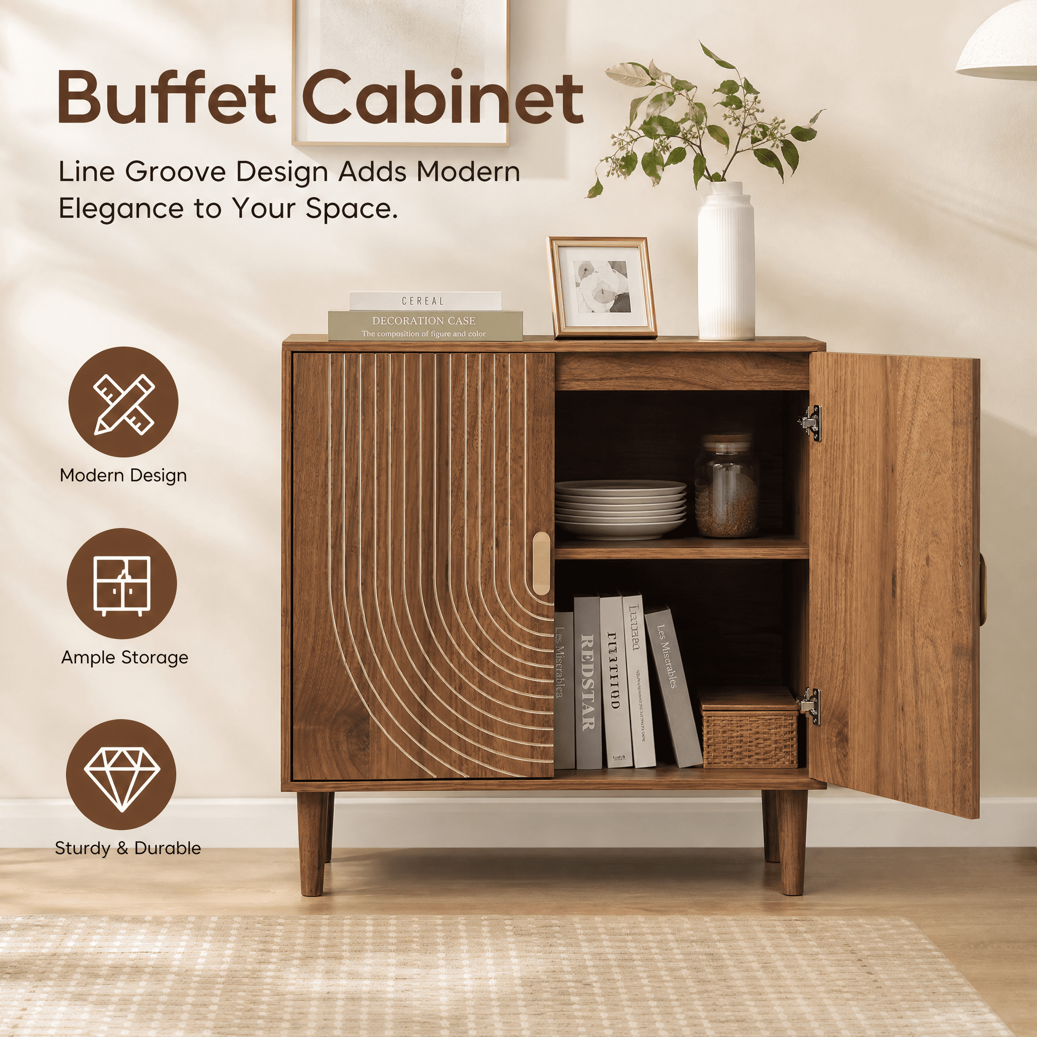 Buffet Cabinet with Line Groove, Sideboard Buffet Cabinet With Storage, Multifunctional Accent Cabinet for Living Room, Entryway, Hallway, Office, Kitchen, Walnut Wood