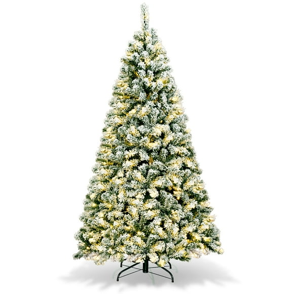 Árbol de Navidad Artificial Costway 180 cm Pino Nevado Iluminado con Bisagra 250 Luces Led Base Plegable de Metal