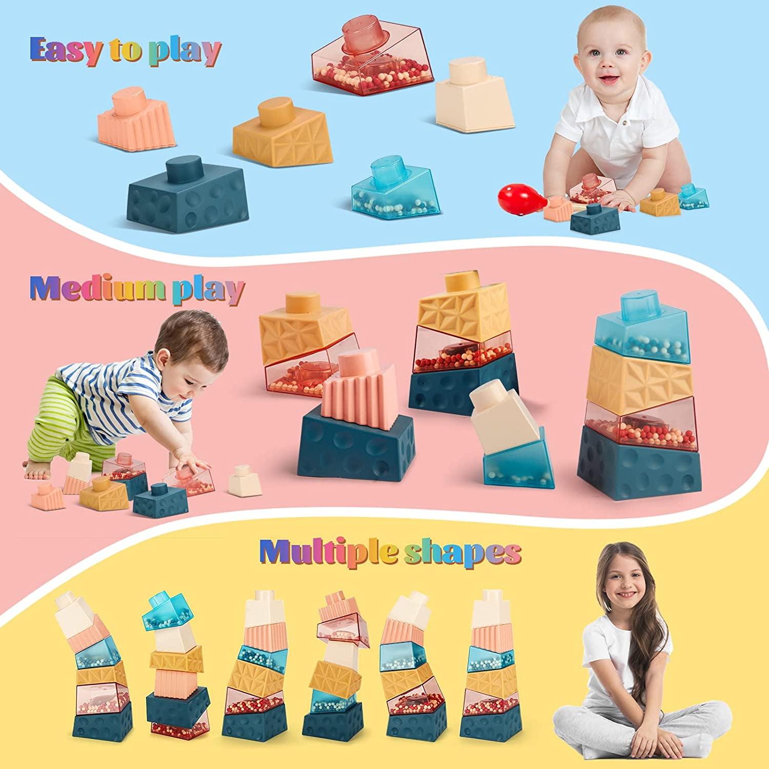 Montessori Toys for 1 Year Old Boys Girls Gift, Baby Sensory Stacking Building Blocks Learning Toys