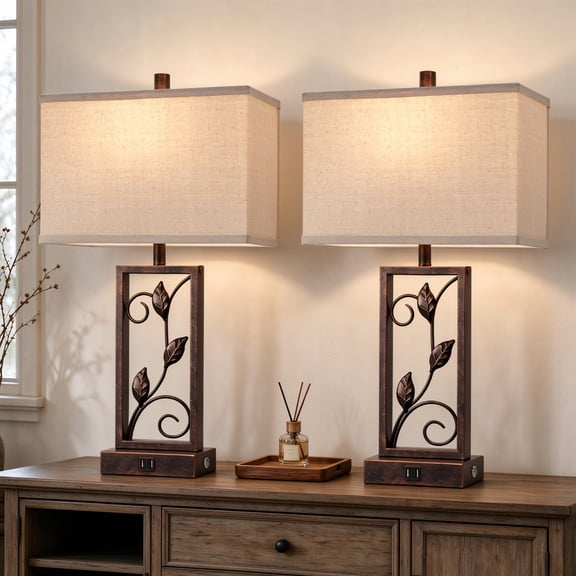 RORIA 24"Farmhouse-Style Table Lamps Set of 2, with USB-C&A Charging Ports, Three Dimming Levels,for Bedrooms and Living Rooms, Vintage Country-Style Bedside Lamps