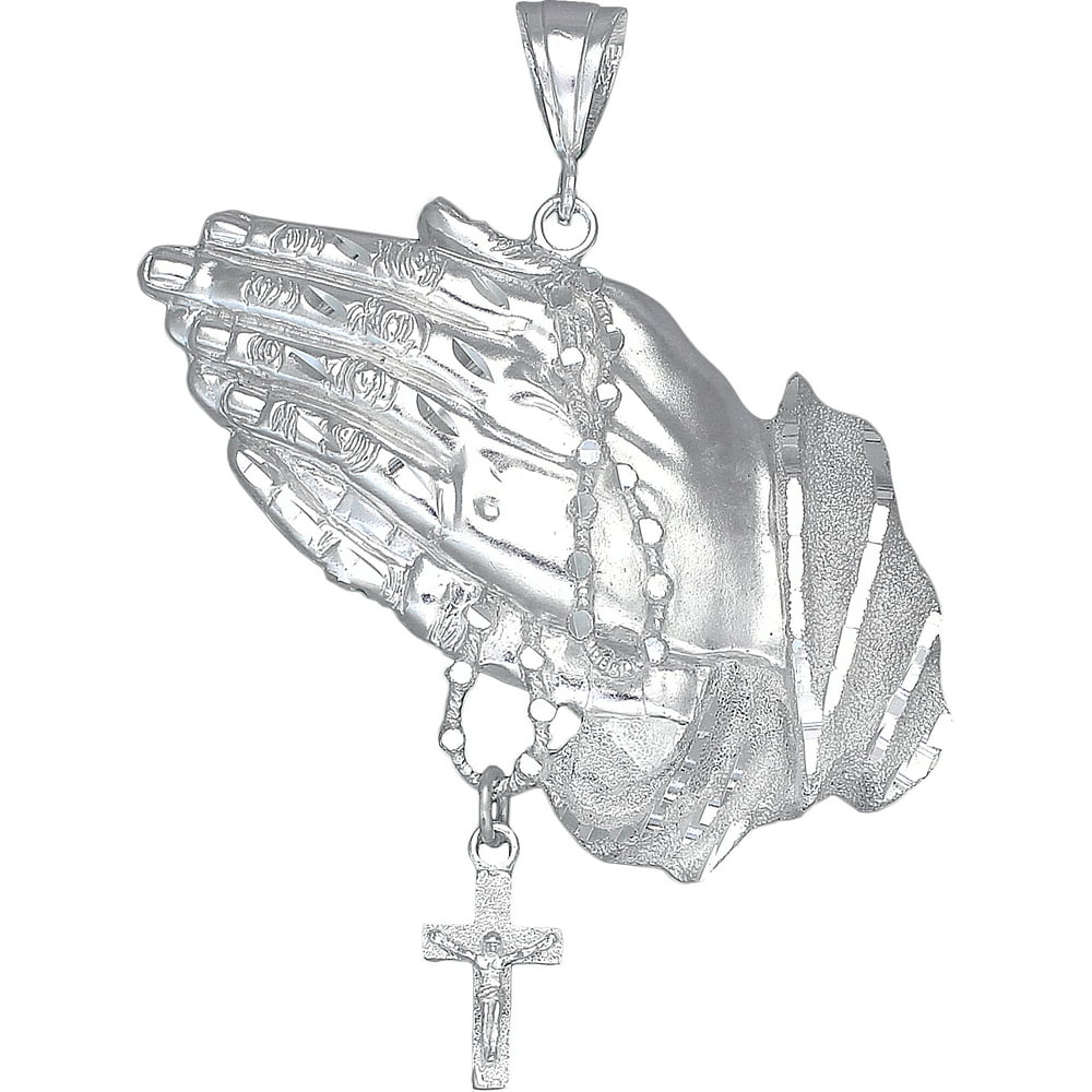 EJewelryPlus Large Heavy Sterling Silver Praying Hands with Rosary