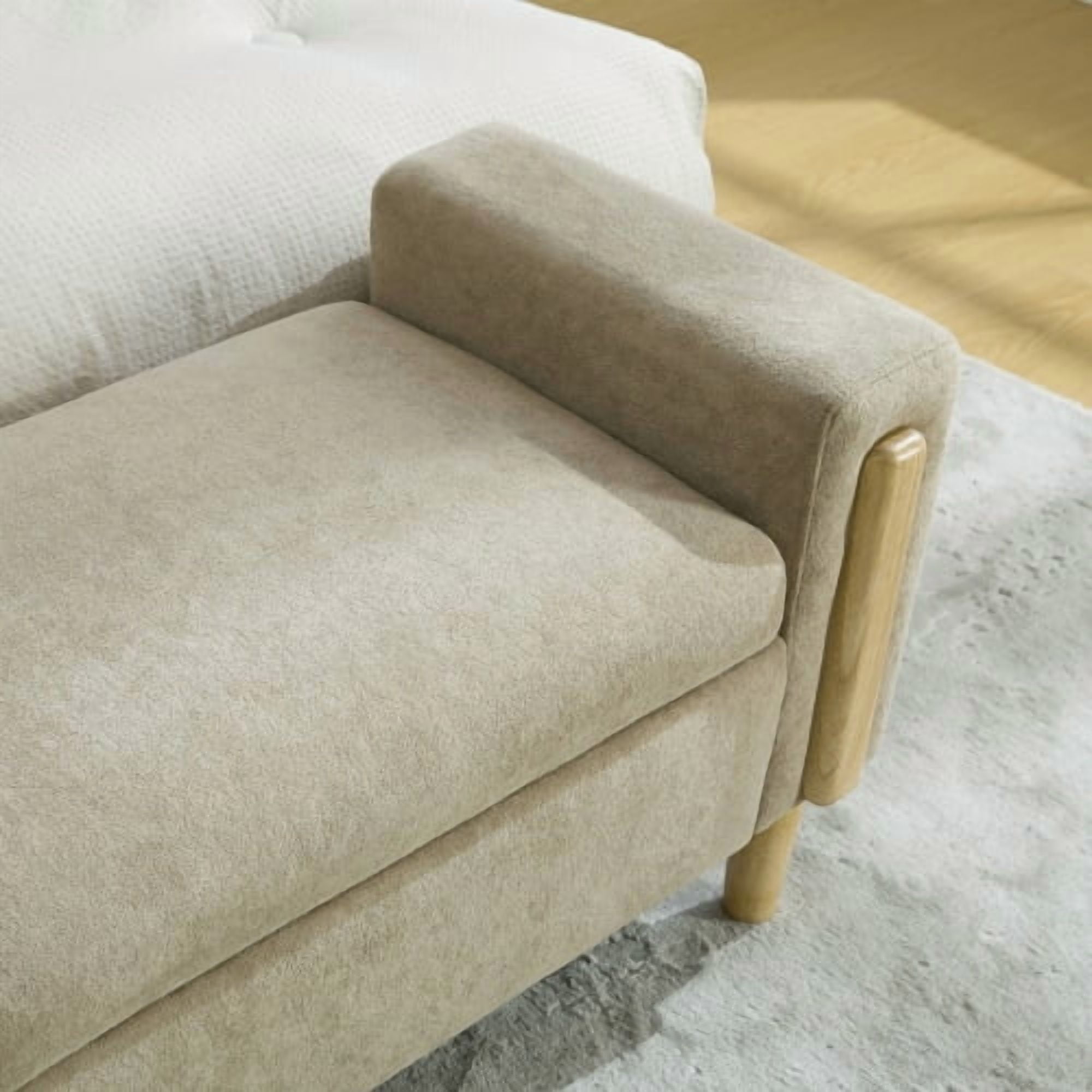 65.67" Wide Modern Upholstered Storage Bench with Double Lids and Armrest, Chenille Fabric, Rubberwood Legs, for Living Room, Entryway, Bedroom, Dormitory, Greige
