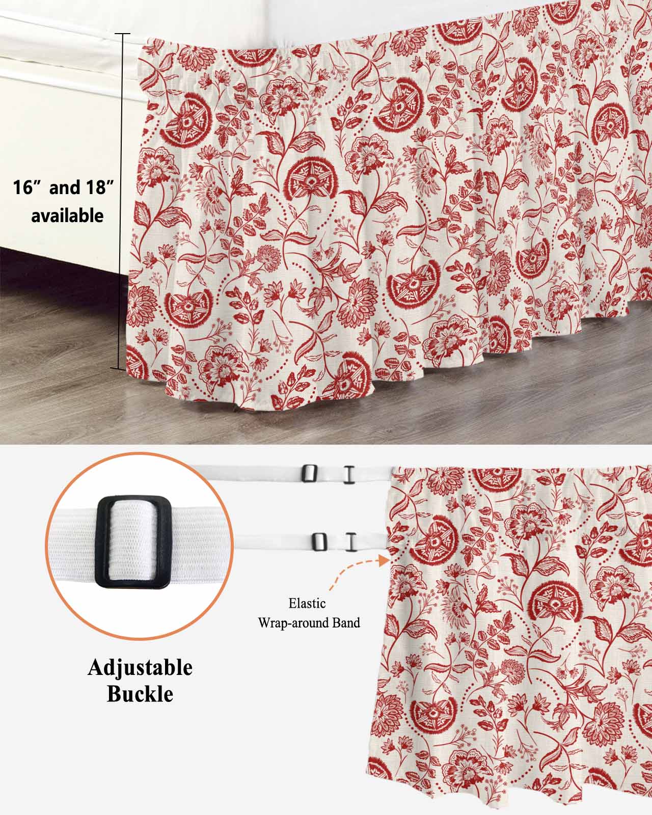 Farmhouse Red Floral Bed Skirt King Size 16 Inch Drop, Linen Boho Flower Rustic Country Adjustable Elastic Dust Ruffles Bedskirt for King Bed Wrap Around Pleated Mattress Frame Cover